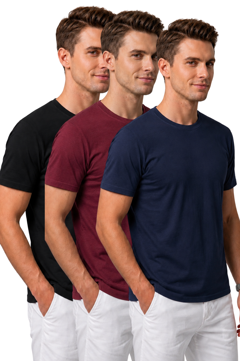 Attire Hub Mens Pure Cotton Multi Pack Solid Round T-Shirt (Pack of 3)