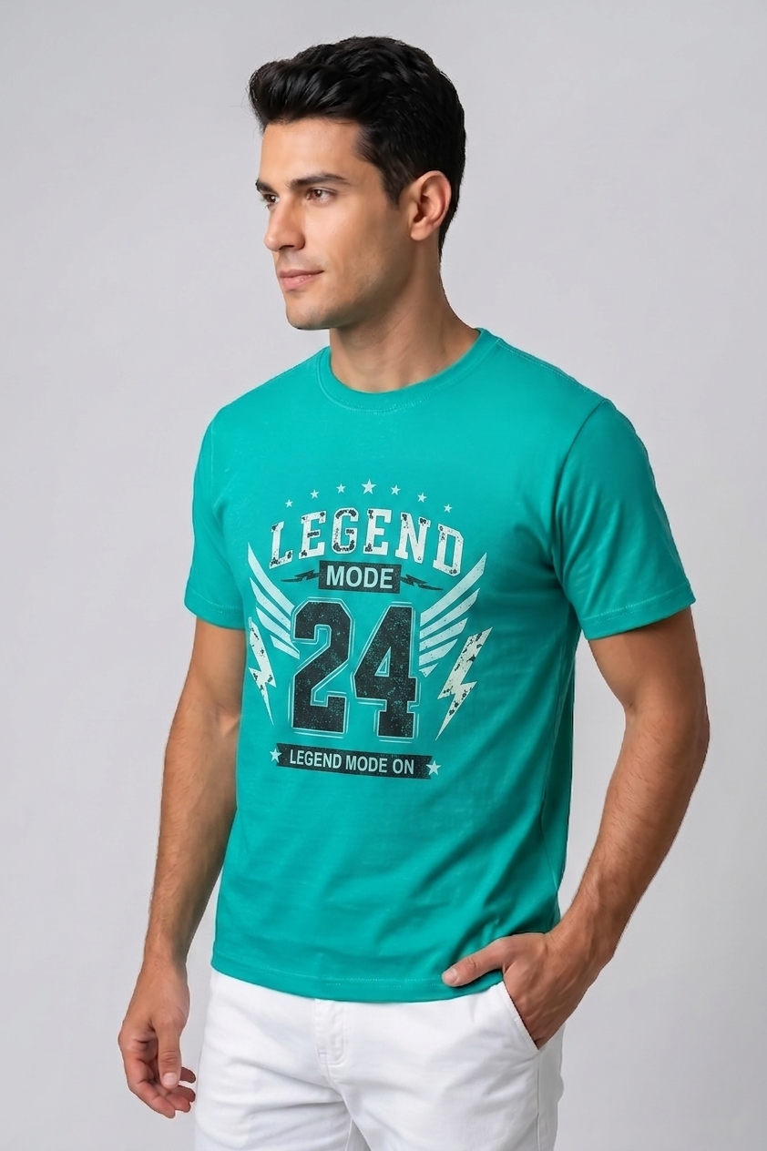 Attire Hub Mens Pure Cotton Teal Legend Mode Printed Round T-Shirt