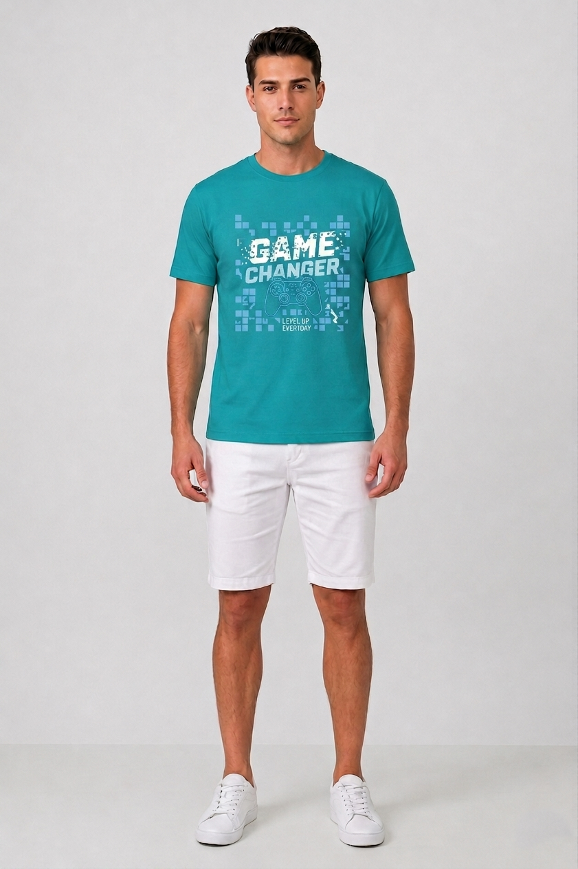 Attire Hub Mens Pure Cotton Teal Game Changer Printed Round T-Shirt