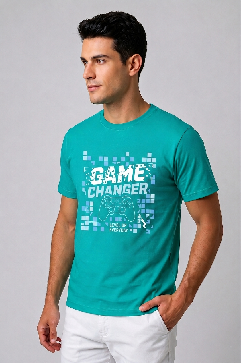Attire Hub Mens Pure Cotton Teal Game Changer Printed Round T-Shirt