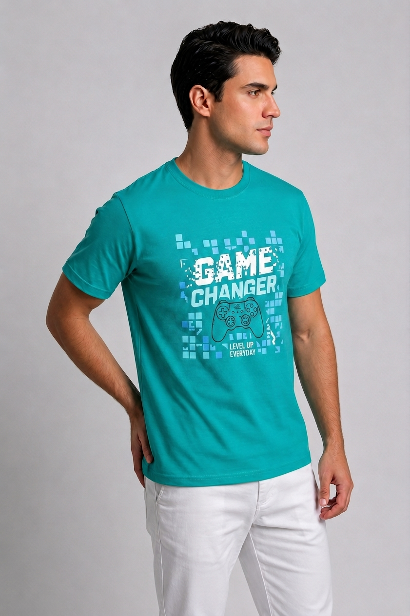 Attire Hub Mens Pure Cotton Teal Game Changer Printed Round T-Shirt