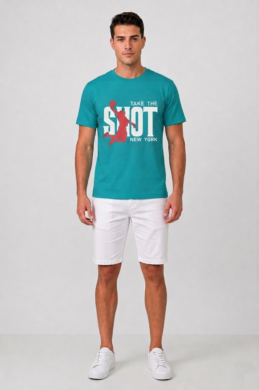 Attire Hub Mens Pure Cotton Teal Take The Shot Printed Round T-Shirt