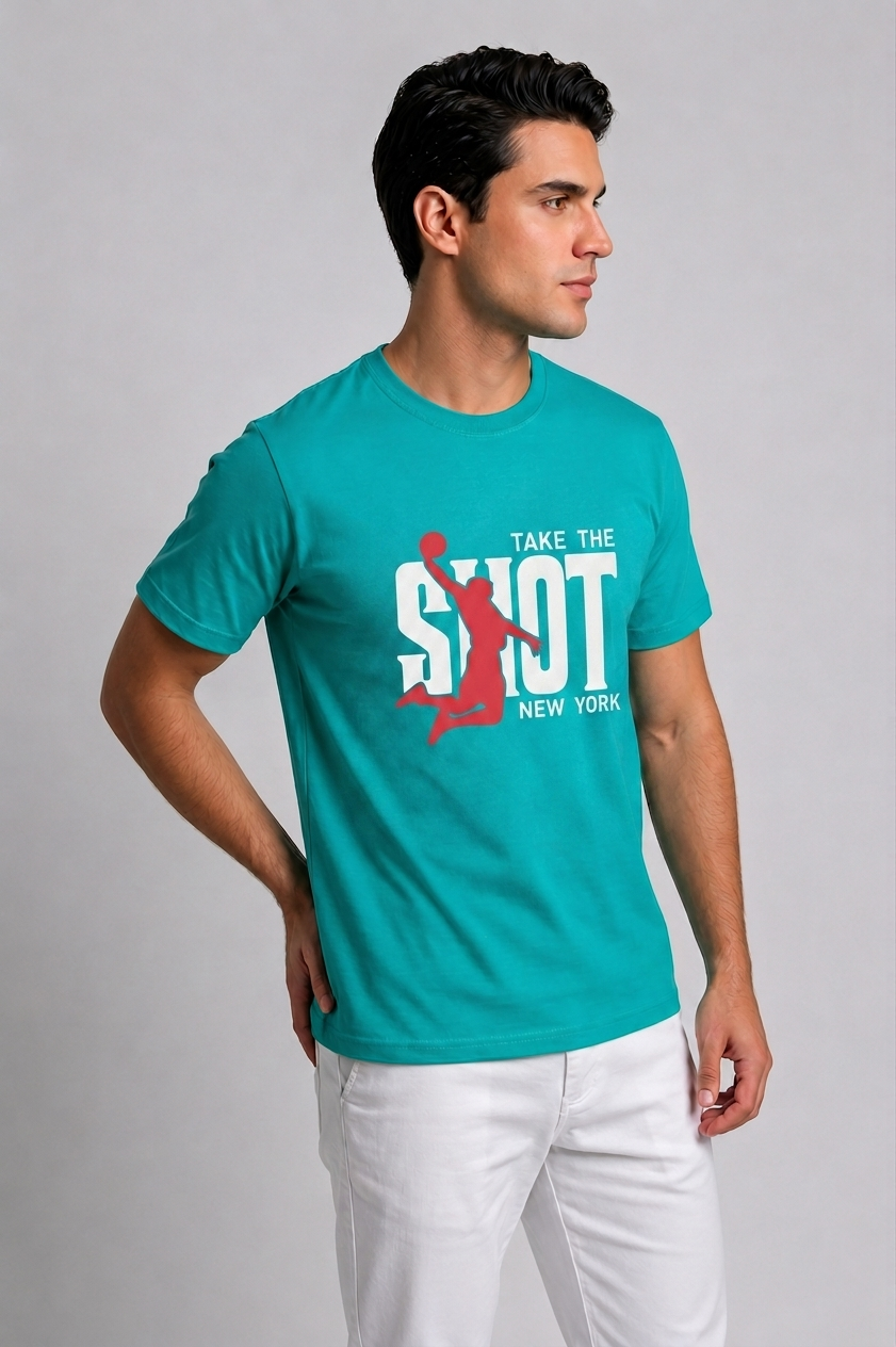 Attire Hub Mens Pure Cotton Teal Take The Shot Printed Round T-Shirt