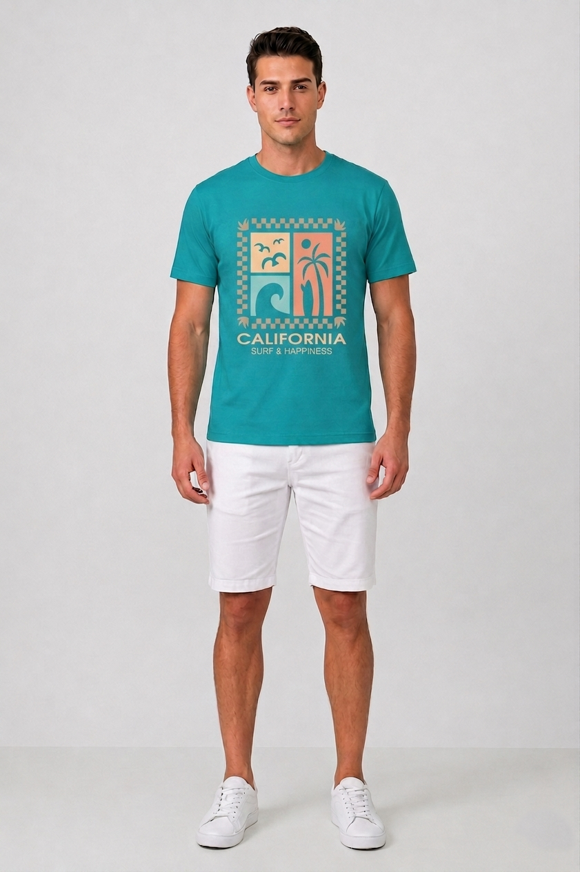 Attire Hub Mens Pure Cotton Teal Long California Printed Round T-Shirt