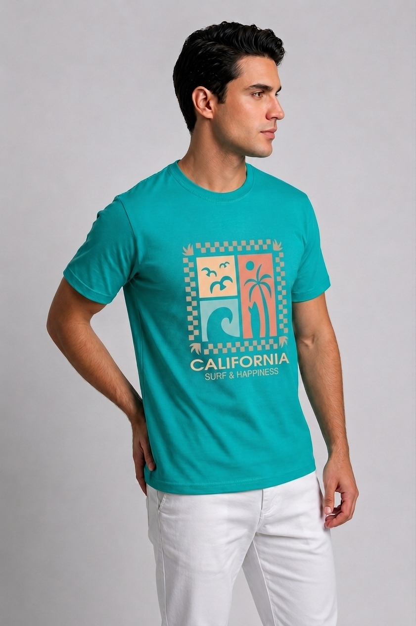 Attire Hub Mens Pure Cotton Teal Long California Printed Round T-Shirt