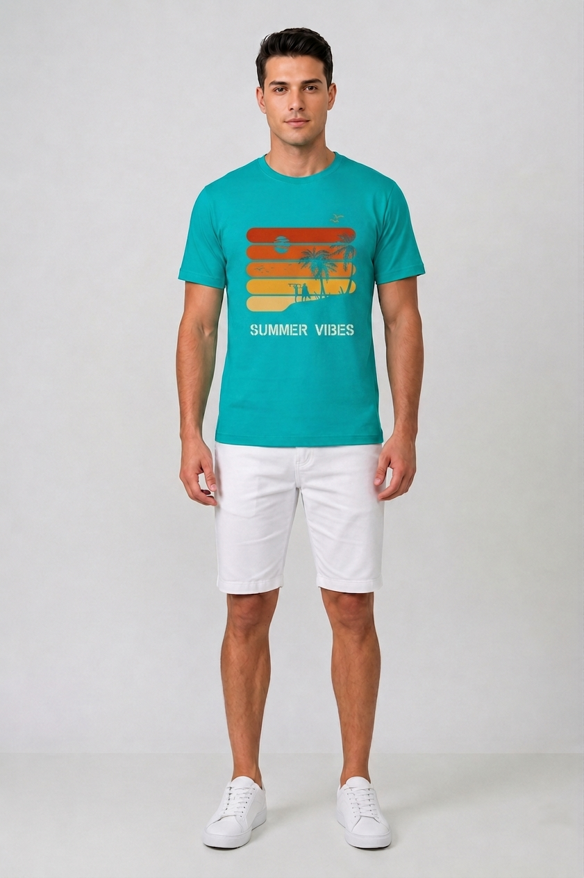 Attire Hub Mens Pure Cotton Teal Sunset Summer Vibes Printed Round T-Shirt