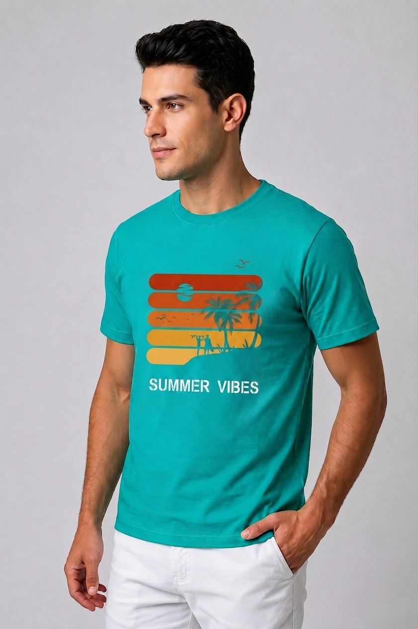 Attire Hub Mens Pure Cotton Teal Sunset Summer Vibes Printed Round T-Shirt