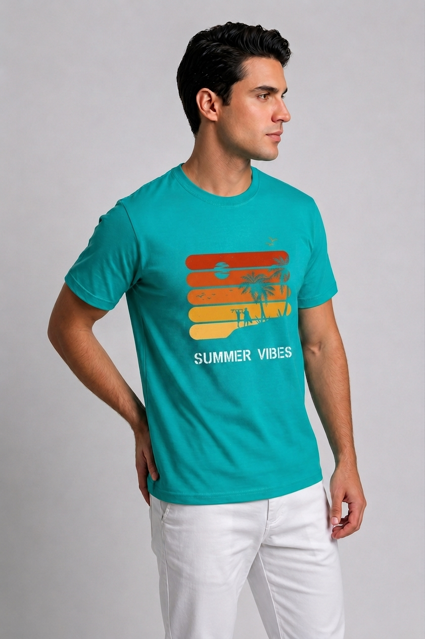 Attire Hub Mens Pure Cotton Teal Sunset Summer Vibes Printed Round T-Shirt