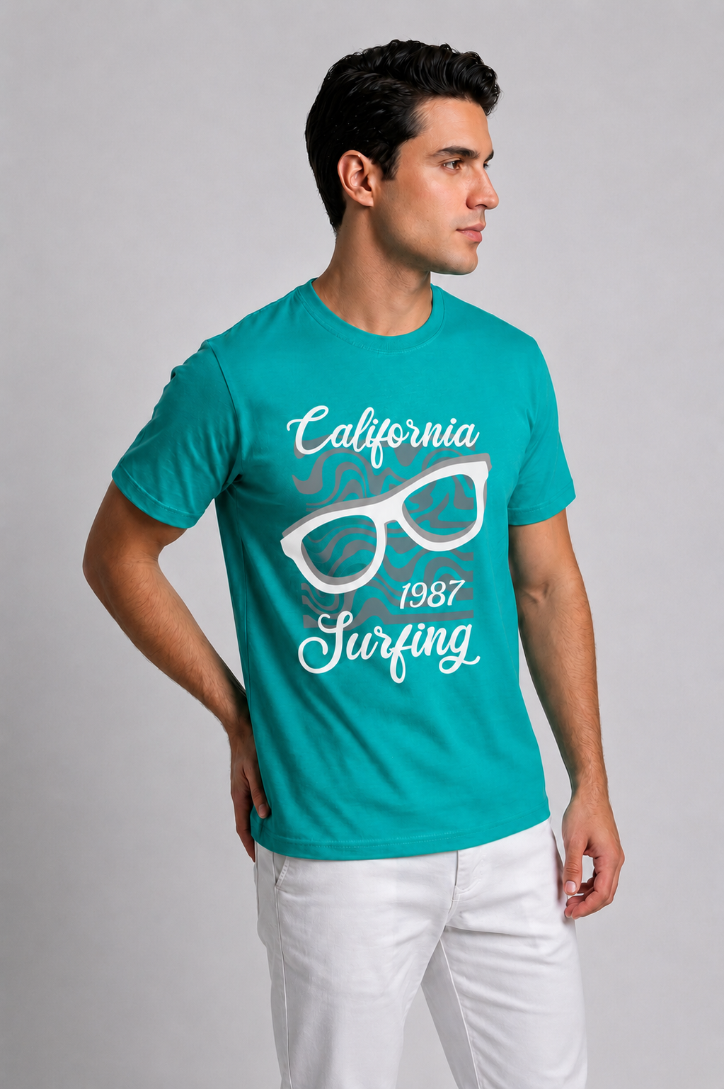 Attire Hub Mens Pure Cotton Teal California 1987 Printed Round T-Shirt