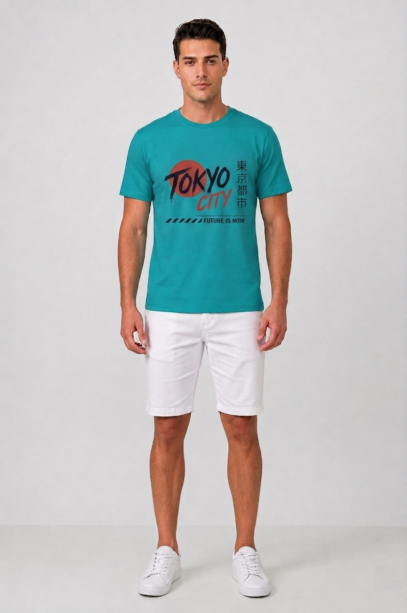 Attire Hub Mens Pure Cotton Teal Tokyo City Printed Round T-Shirt