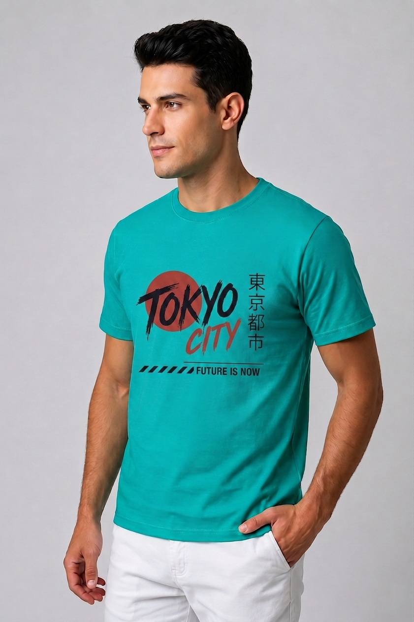 Attire Hub Mens Pure Cotton Teal Tokyo City Printed Round T-Shirt