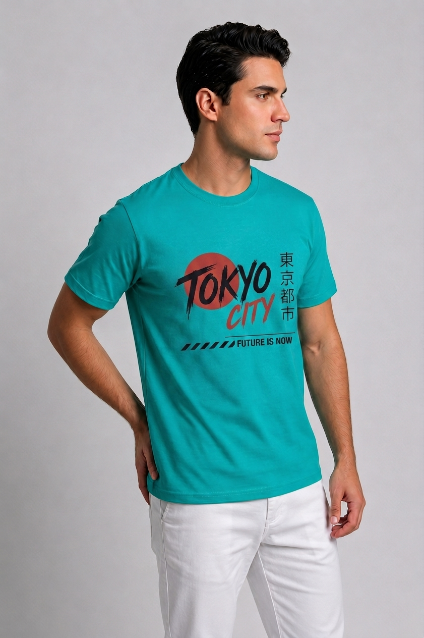 Attire Hub Mens Pure Cotton Teal Tokyo City Printed Round T-Shirt