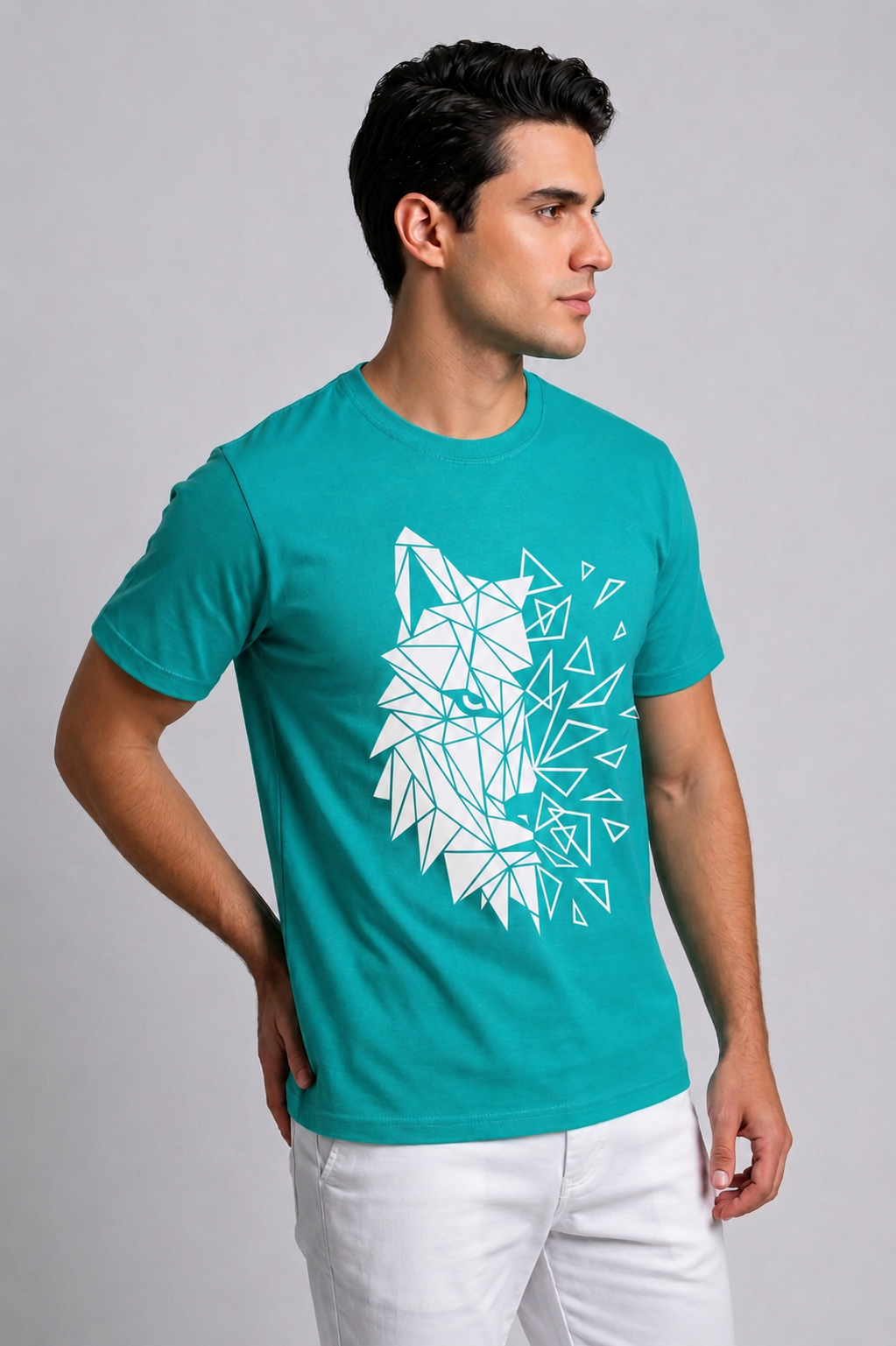 Attire Hub Mens Pure Cotton Teal Geomatric Wolf Printed Round T-Shirt