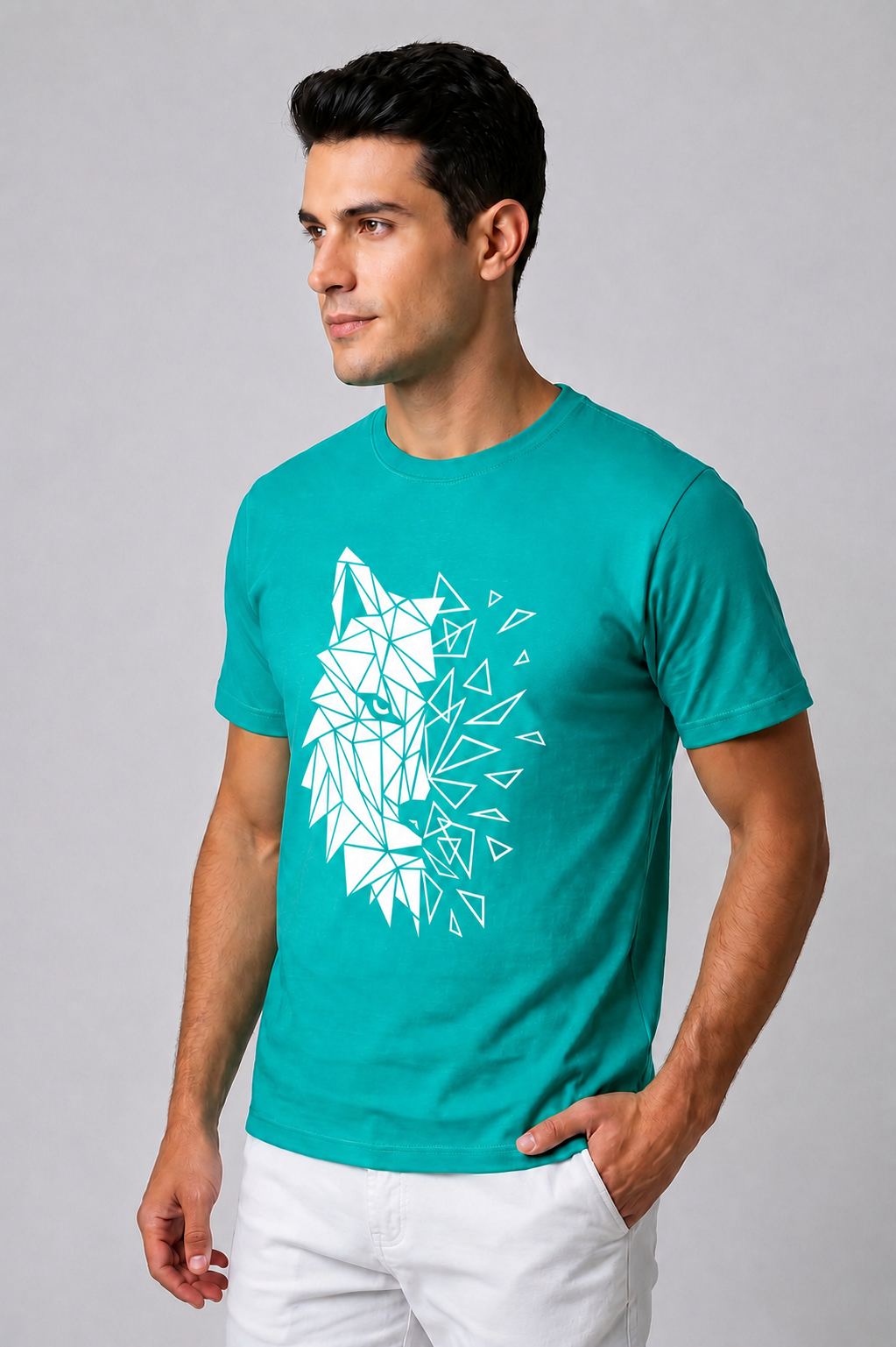 Attire Hub Mens Pure Cotton Teal Geomatric Wolf Printed Round T-Shirt