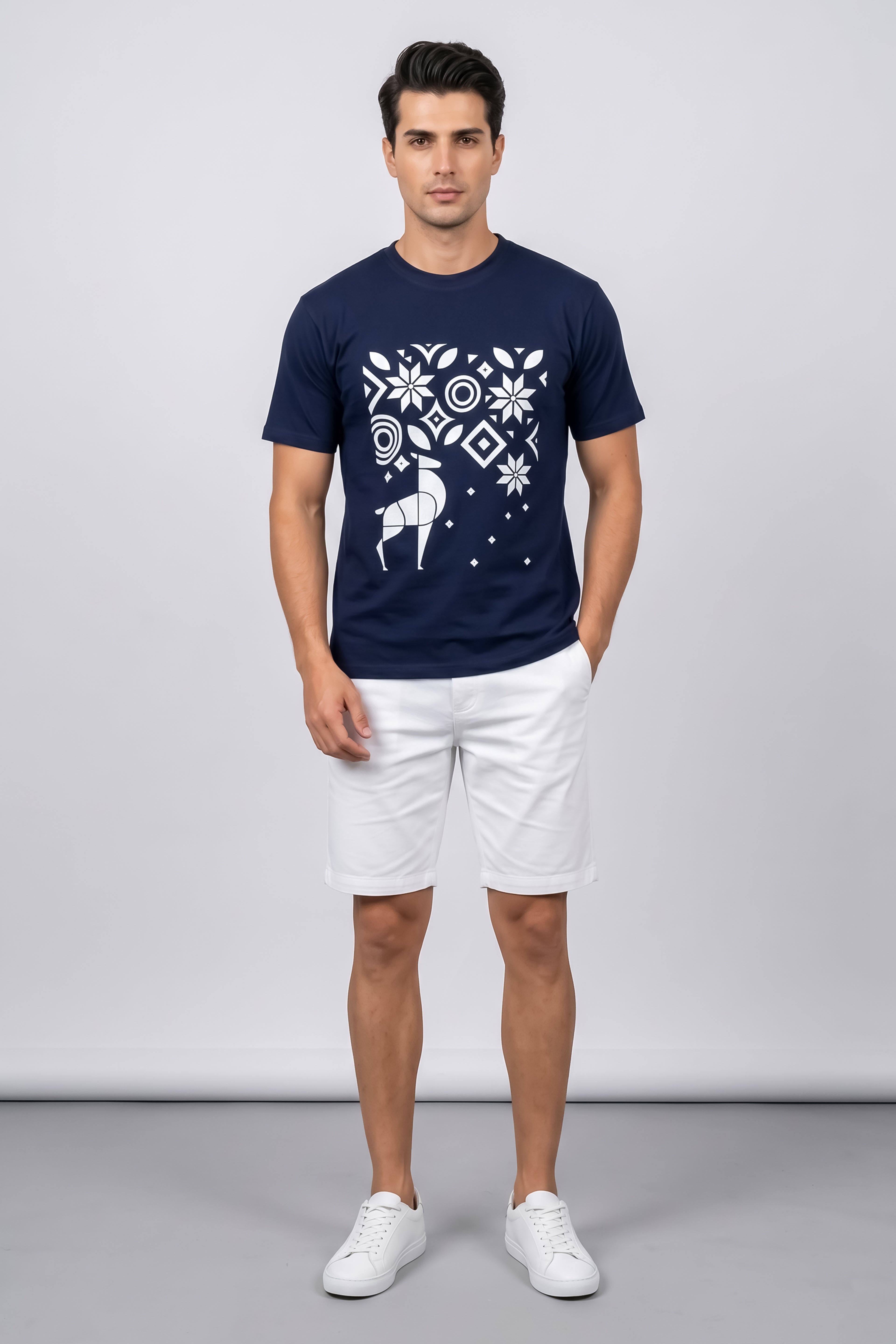 Attire Hub Mens Pure Cotton Navy Geomatric Deer Printed Round T-Shirt