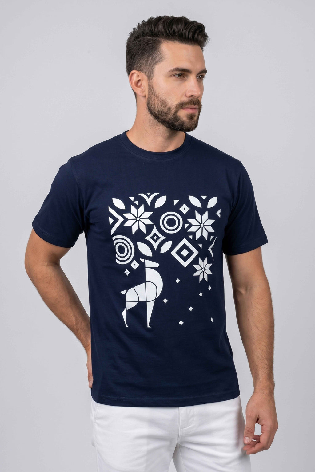 Attire Hub Mens Pure Cotton Navy Geomatric Deer Printed Round T-Shirt