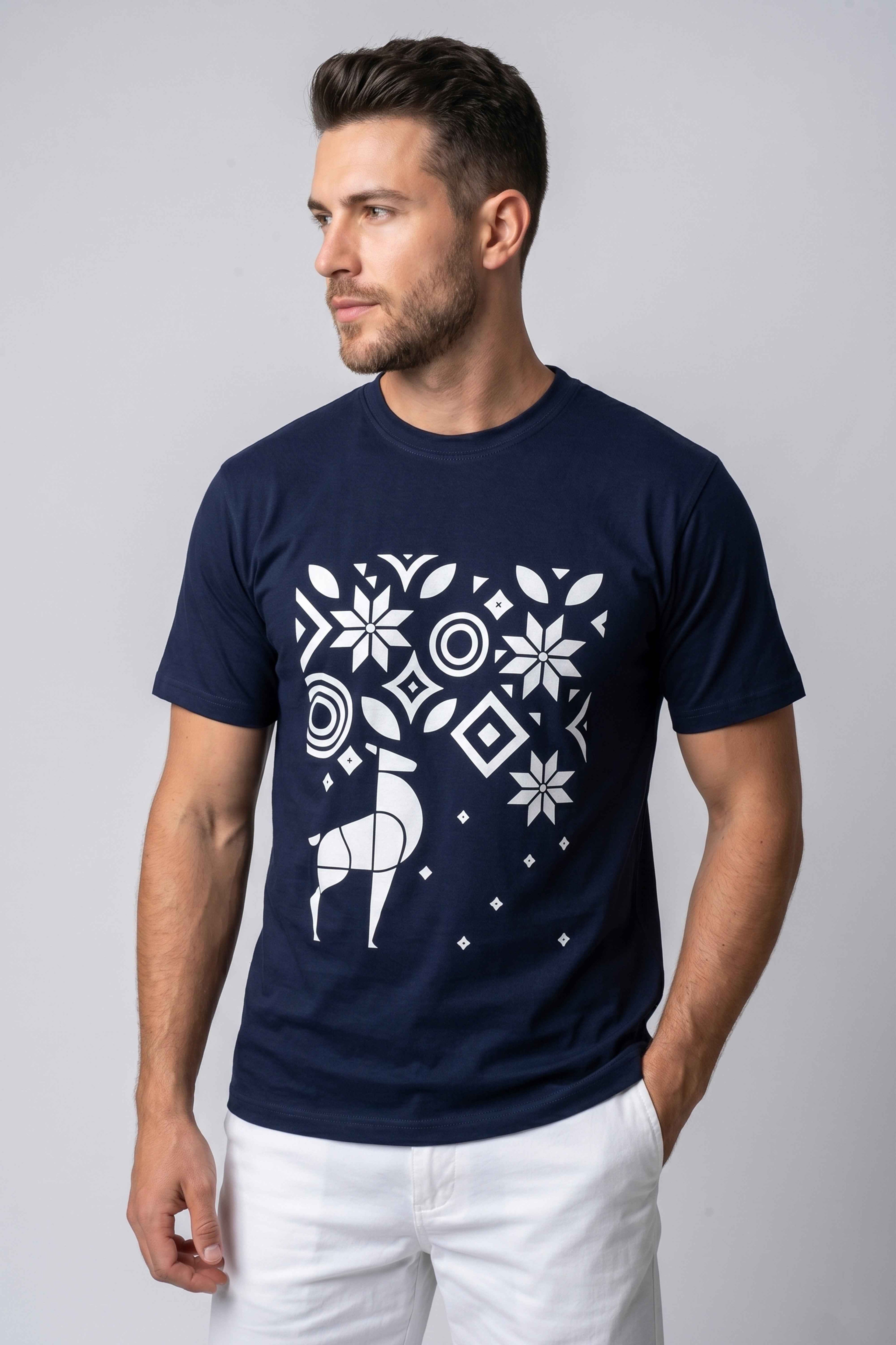 Attire Hub Mens Pure Cotton Navy Geomatric Deer Printed Round T-Shirt