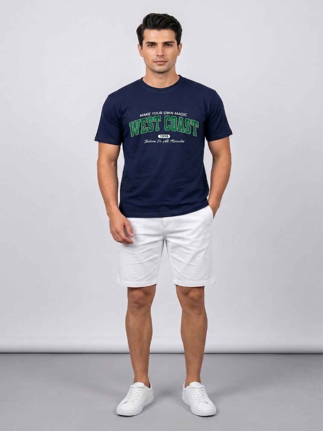 Attire Hub Mens Pure Cotton Navy West Coast Printed Round T-Shirt