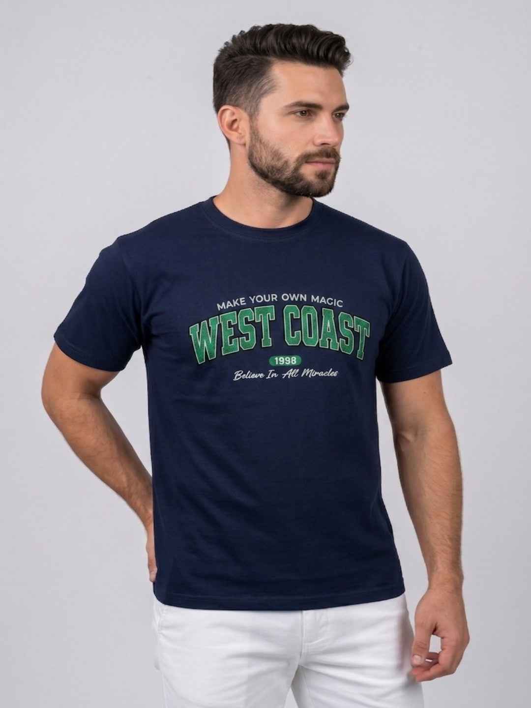Attire Hub Mens Pure Cotton Navy West Coast Printed Round T-Shirt