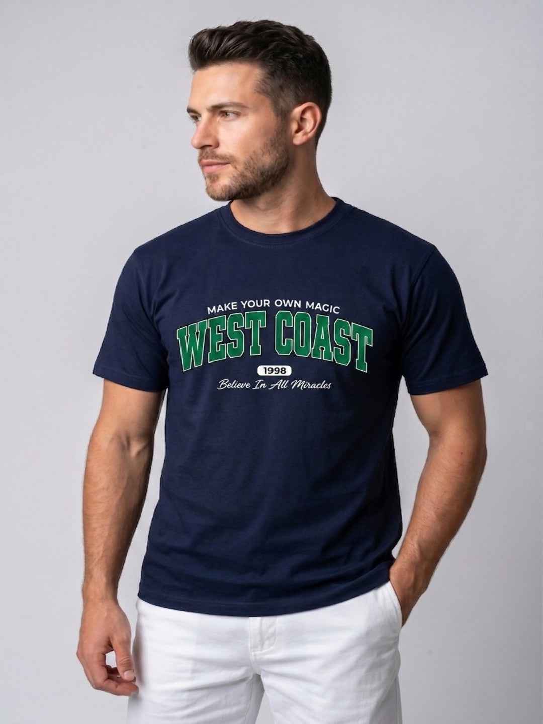 Attire Hub Mens Pure Cotton Navy West Coast Printed Round T-Shirt