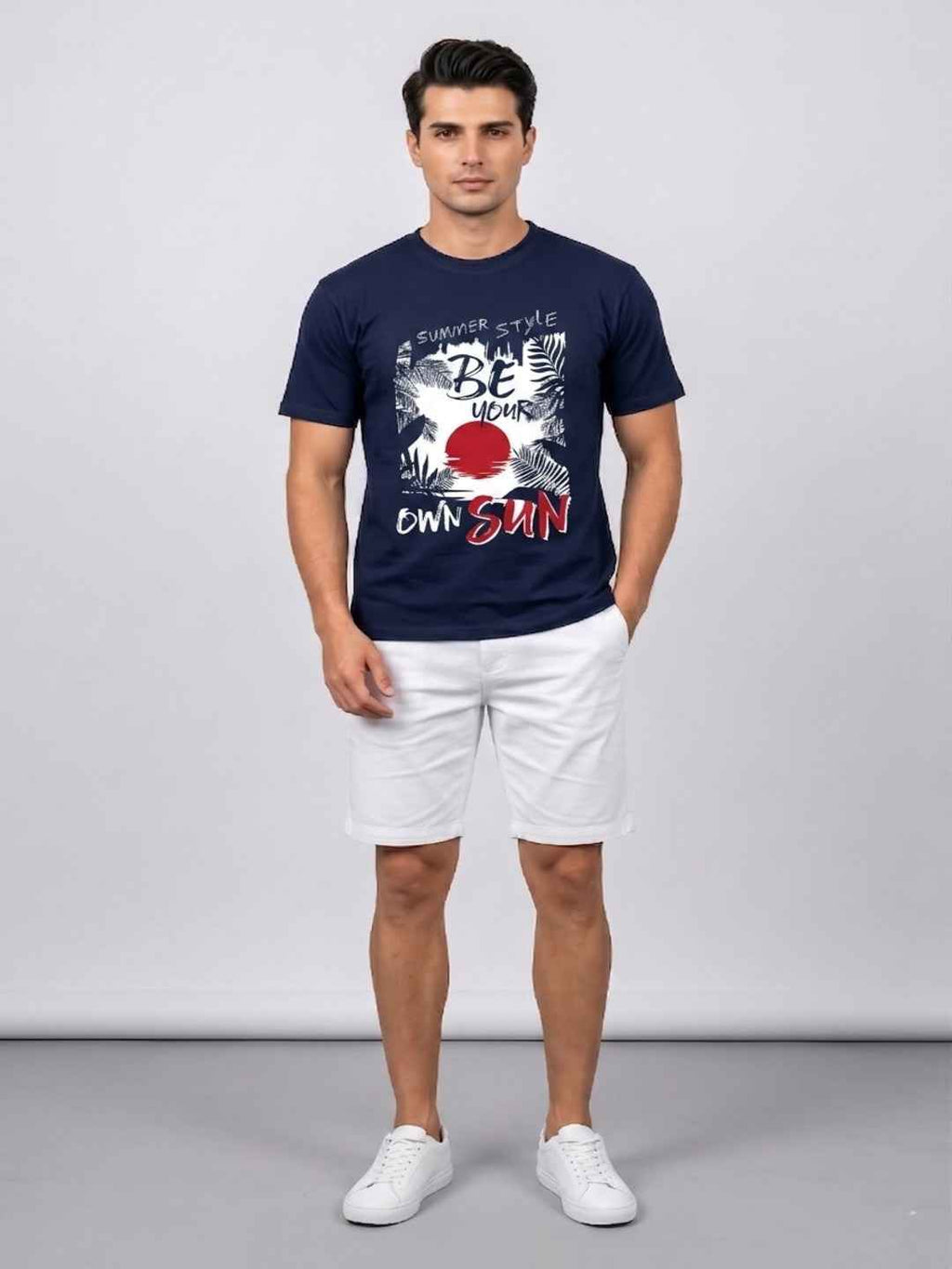 Attire Hub Mens Pure Cotton Navy Summer Style Printed Round T-Shirt