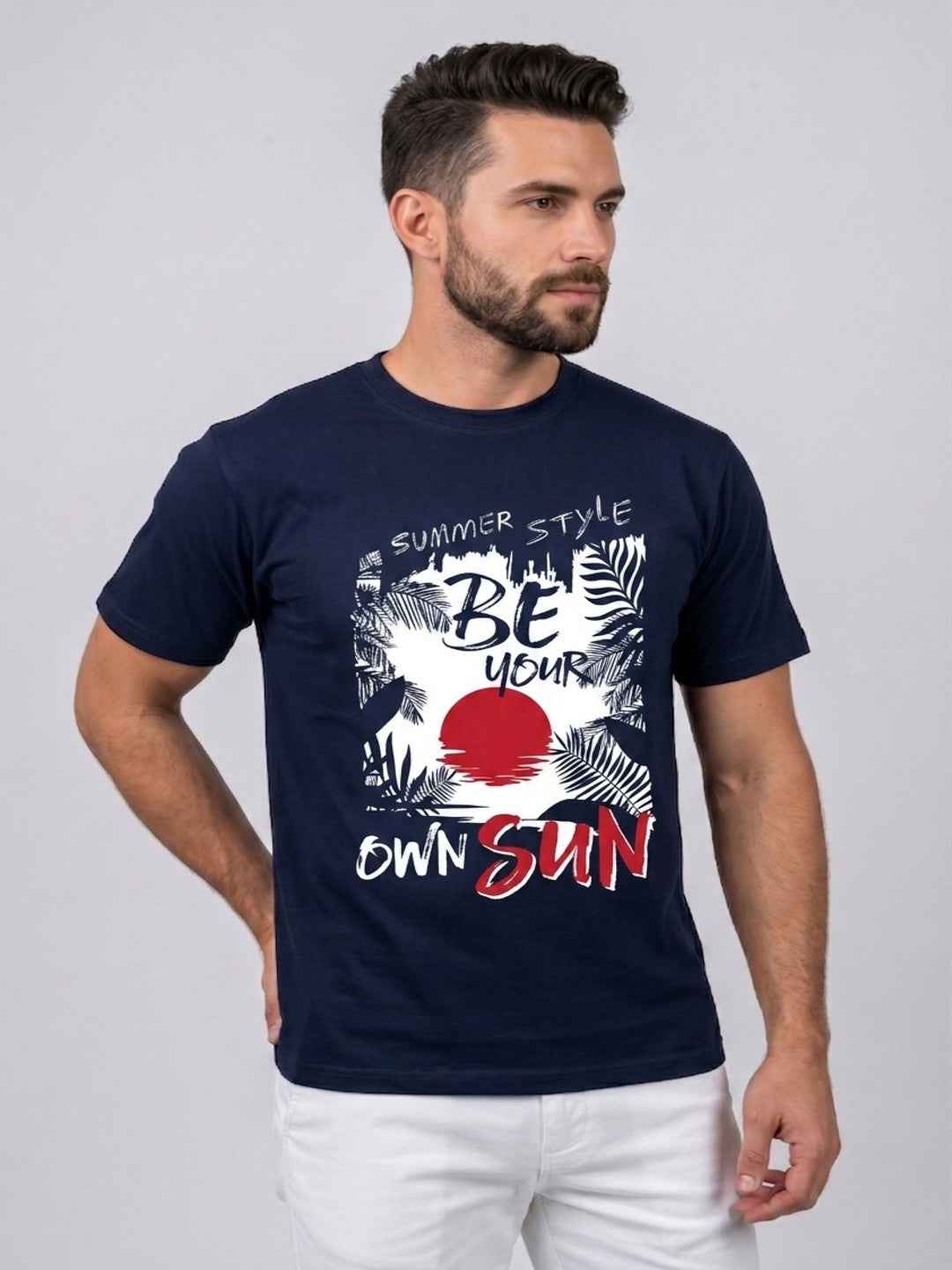 Attire Hub Mens Pure Cotton Navy Summer Style Printed Round T-Shirt