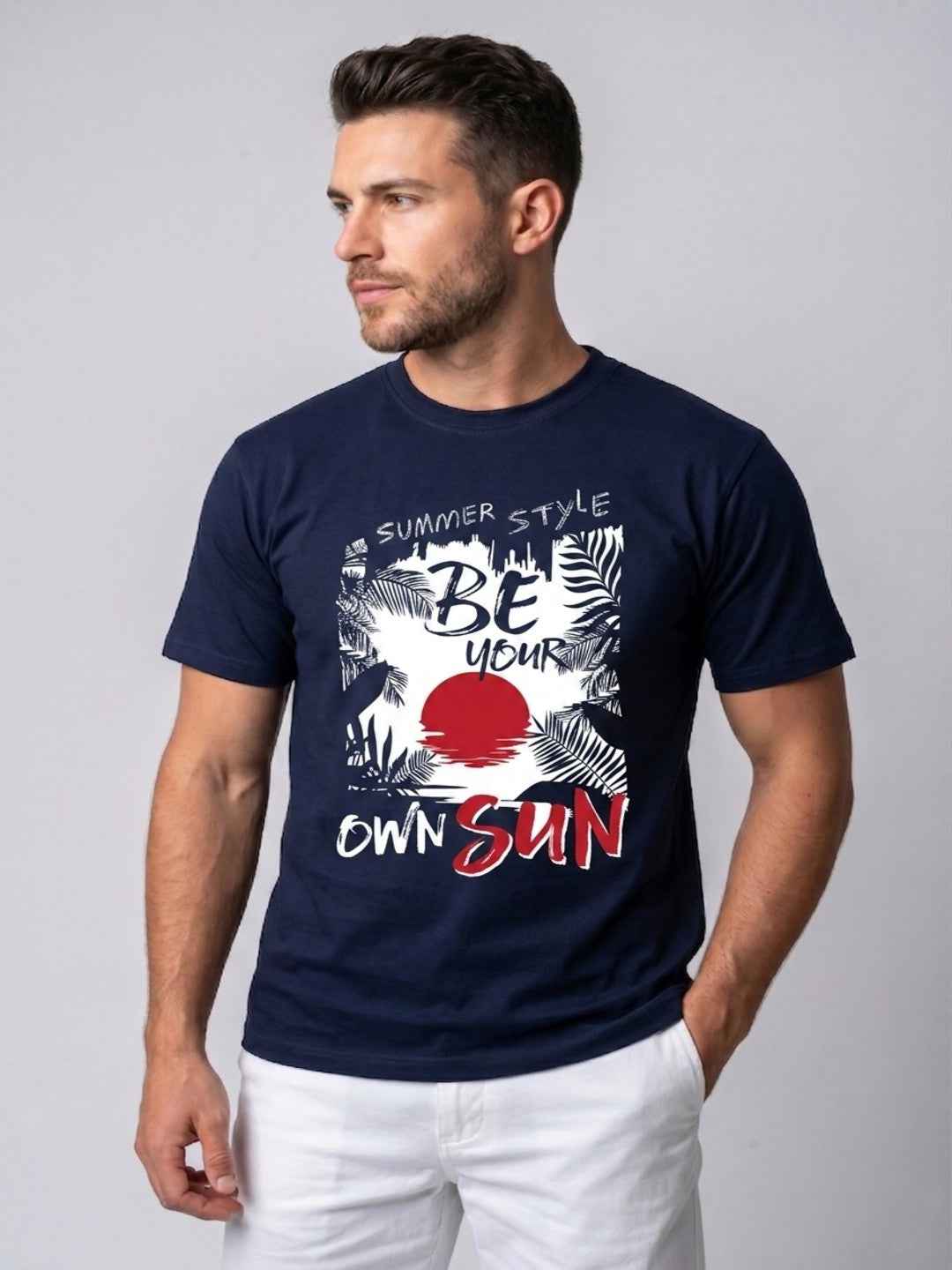 Attire Hub Mens Pure Cotton Navy Summer Style Printed Round T-Shirt