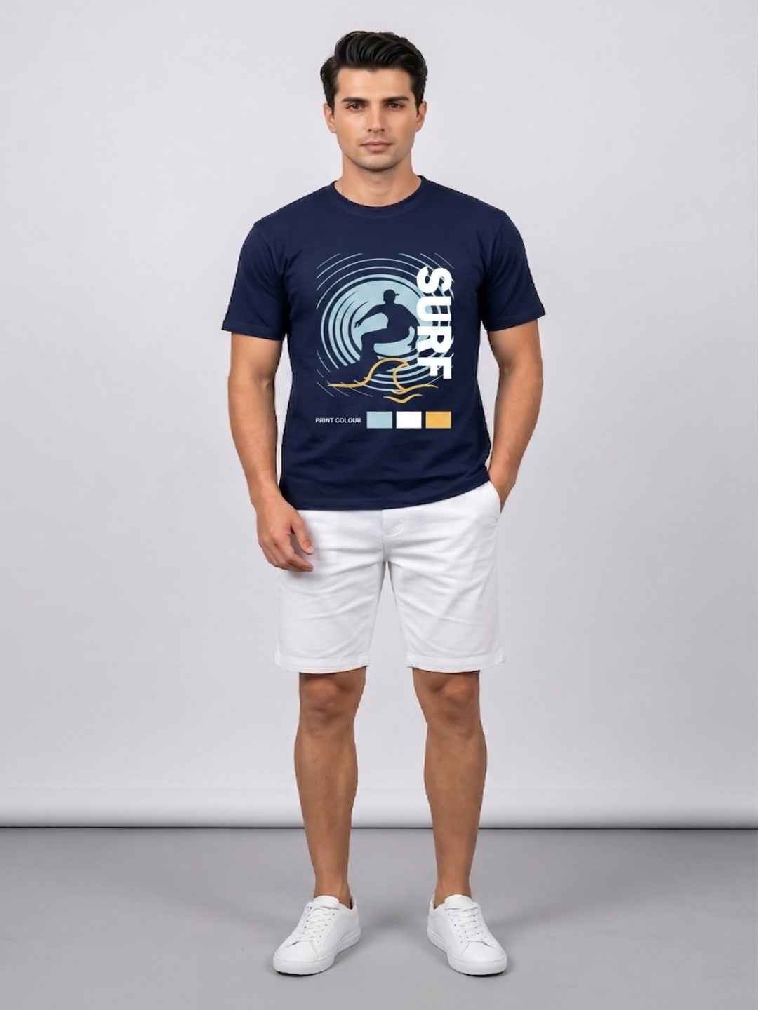 Attire Hub Mens Pure Cotton Navy Surf Printed Round T-Shirt