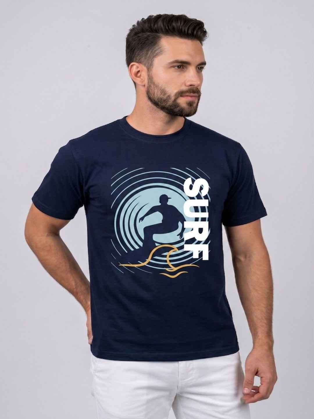Attire Hub Mens Pure Cotton Navy Surf Printed Round T-Shirt