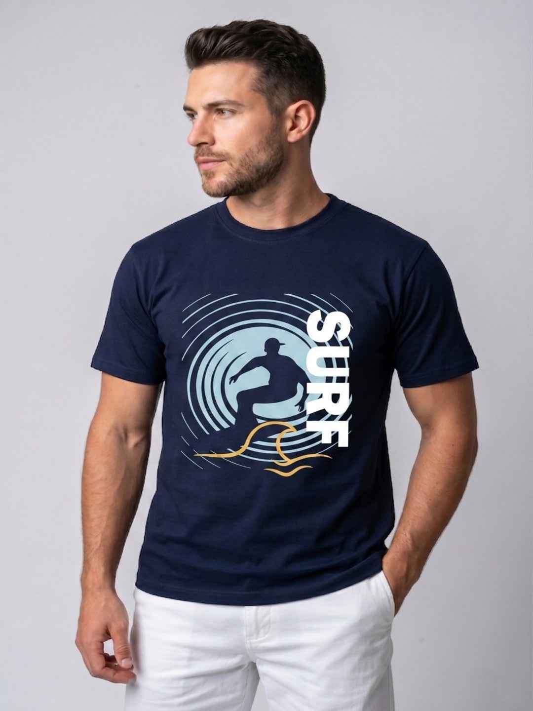 Attire Hub Mens Pure Cotton Navy Surf Printed Round T-Shirt