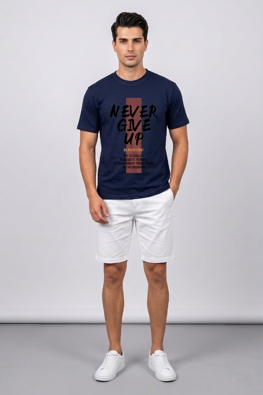 Attire Hub Mens Pure Cotton Navy Neva Give Up Printed Round T-Shirt