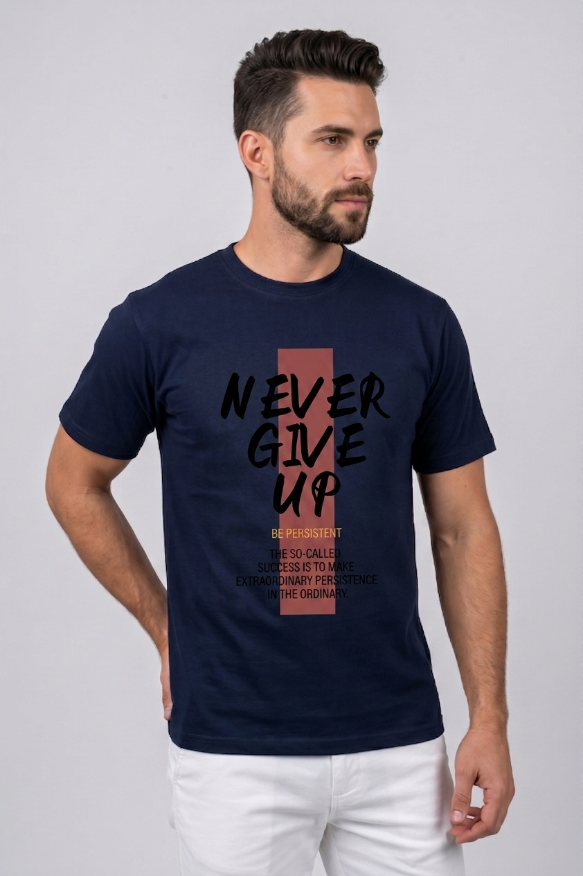 Attire Hub Mens Pure Cotton Navy Neva Give Up Printed Round T-Shirt