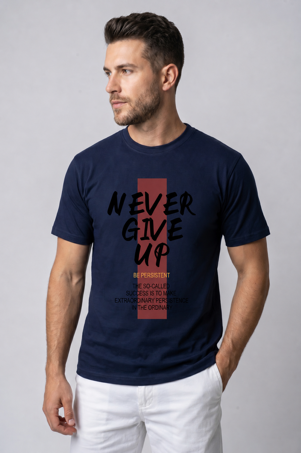 Attire Hub Mens Pure Cotton Navy Neva Give Up Printed Round T-Shirt