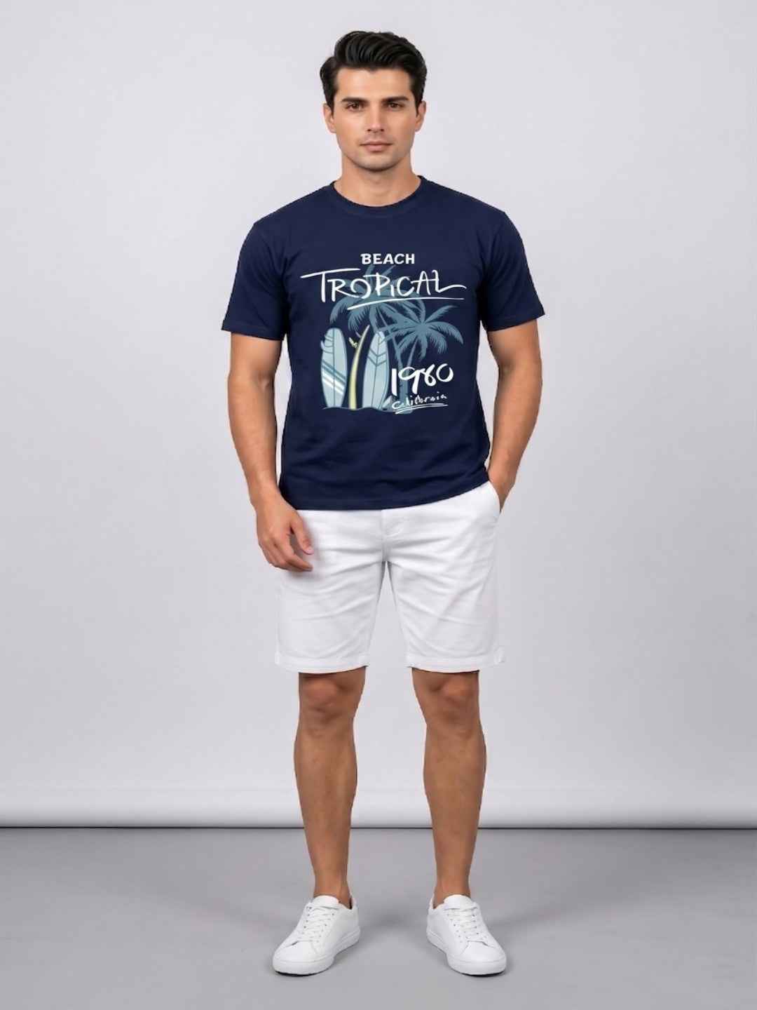 Attire Hub Mens Pure Cotton Navy Beach Tropical Printed Round T-Shirt