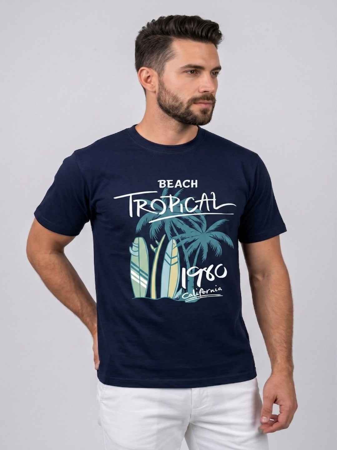 Attire Hub Mens Pure Cotton Navy Beach Tropical Printed Round T-Shirt