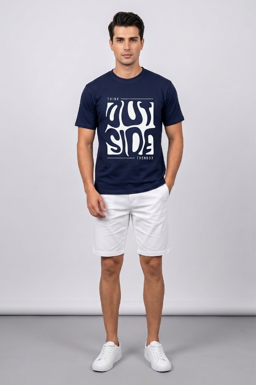 Attire Hub Mens Pure Cotton Navy Outside Printed Round T-Shirt