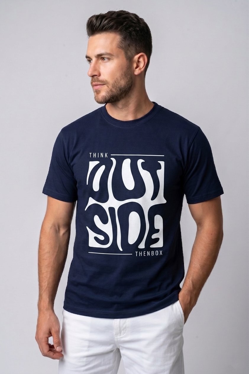 Attire Hub Mens Pure Cotton Navy Outside Printed Round T-Shirt