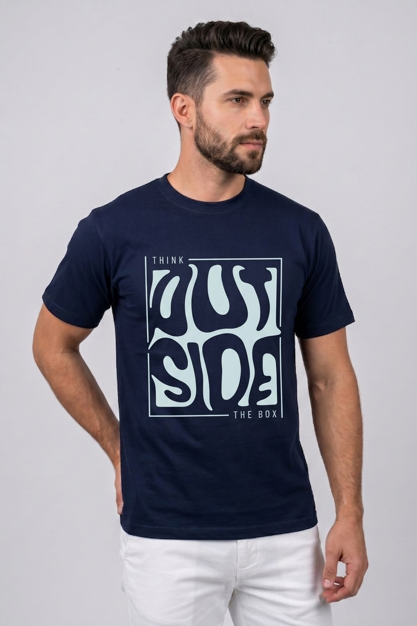 Attire Hub Mens Pure Cotton Navy Outside Printed Round T-Shirt