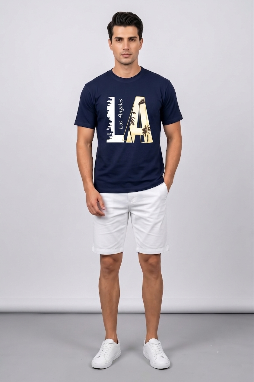 Attire Hub Mens Pure Cotton Navy Los Angeles Printed Round T-Shirt