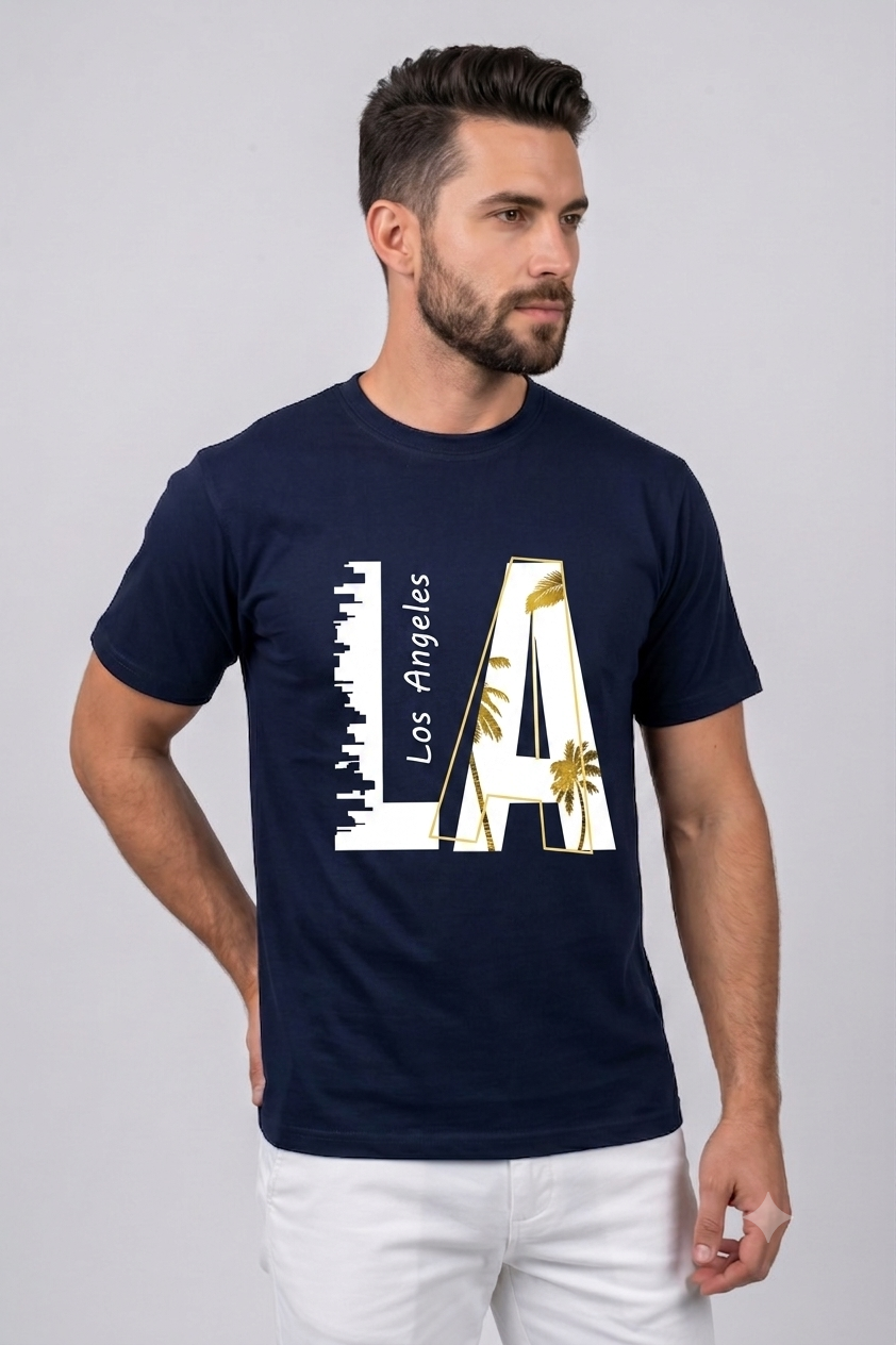 Attire Hub Mens Pure Cotton Navy Los Angeles Printed Round T-Shirt