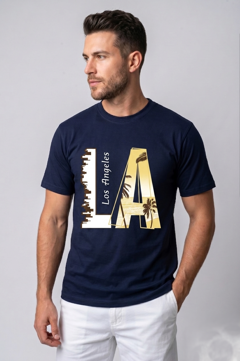Attire Hub Mens Pure Cotton Navy Los Angeles Printed Round T-Shirt