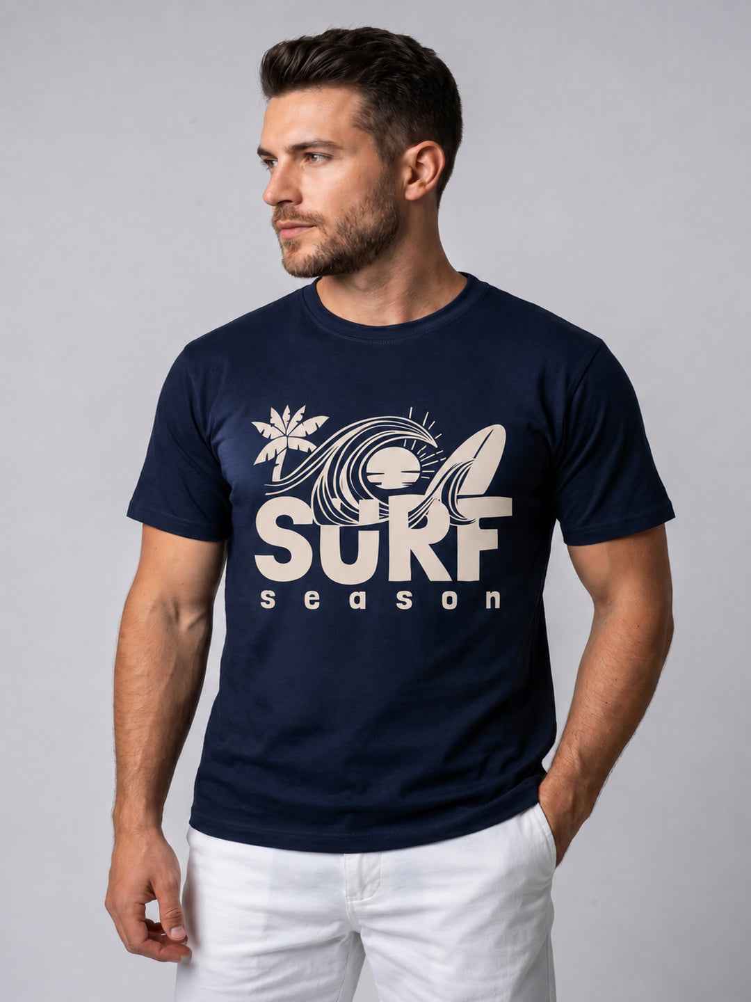 Attire Hub Mens Pure Cotton Navy Surf Season Printed Round T-Shirt
