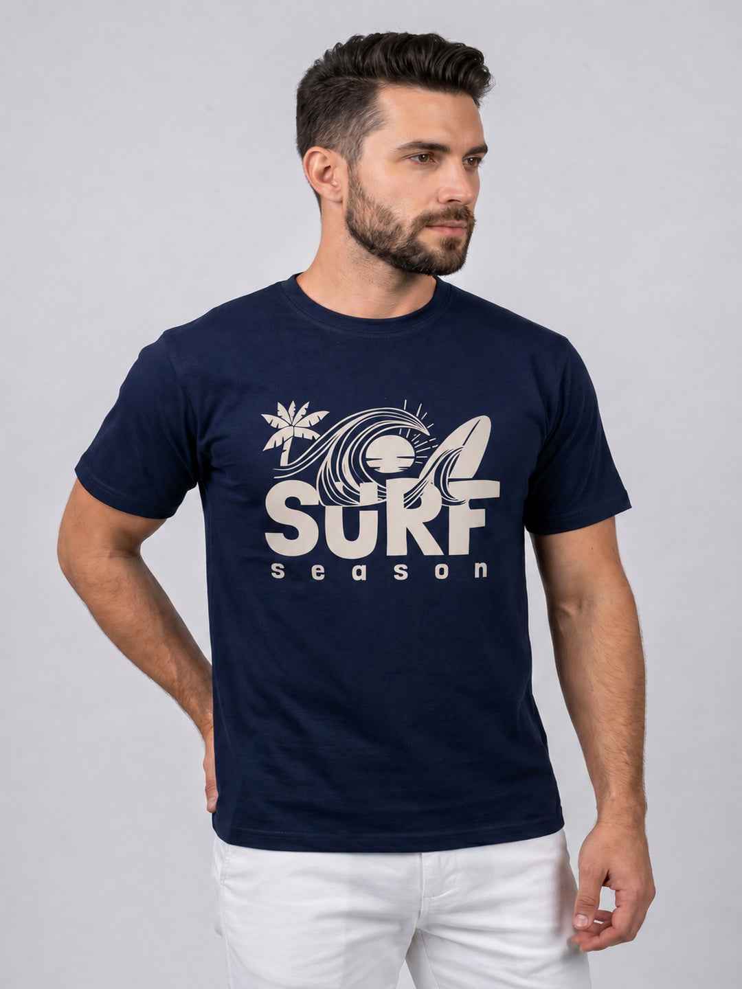 Attire Hub Mens Pure Cotton Navy Surf Season Printed Round T-Shirt