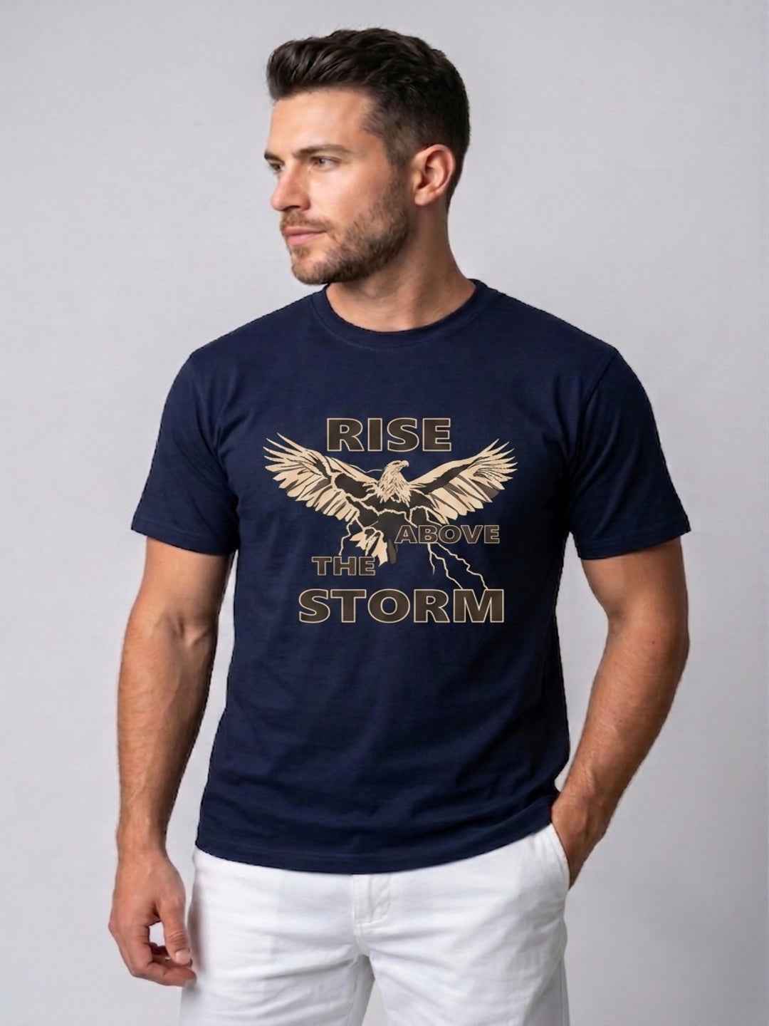 Attire Hub Mens Pure Cotton Navy Rise Storm Printed Round T-Shirt