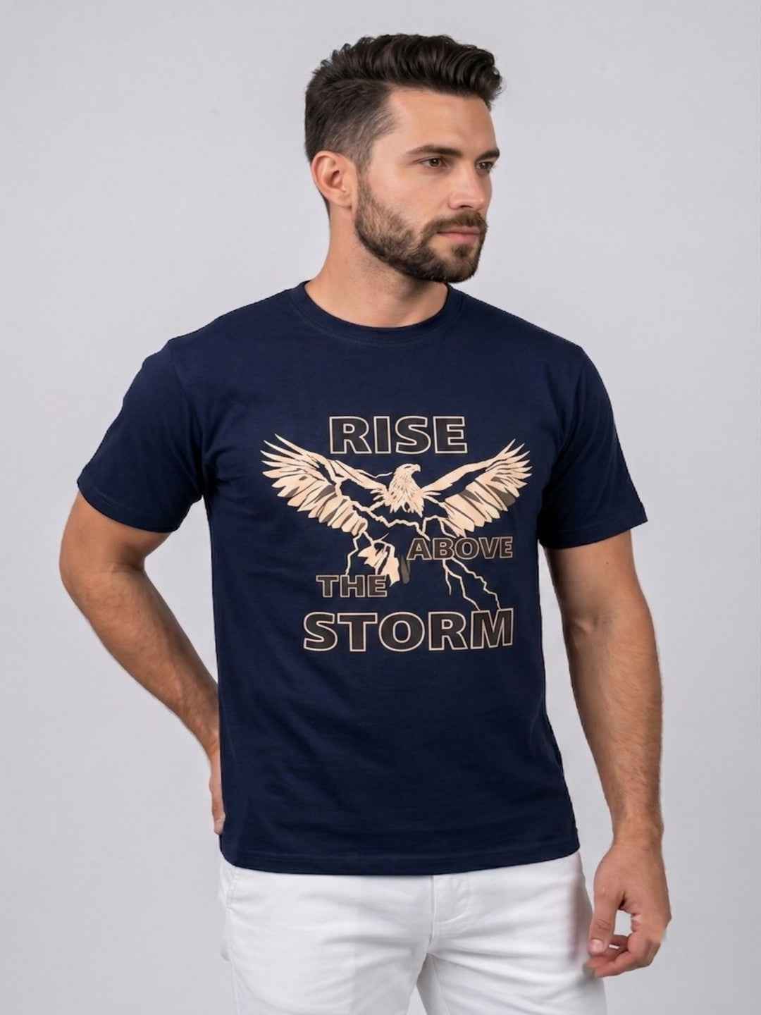 Attire Hub Mens Pure Cotton Navy Rise Storm Printed Round T-Shirt
