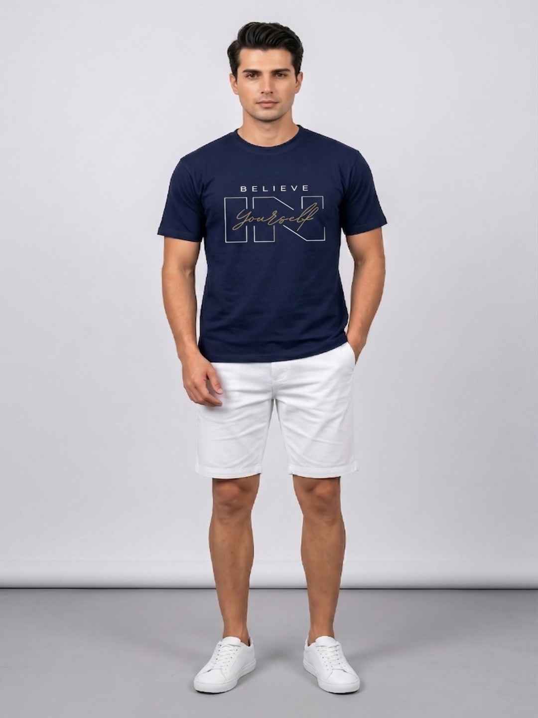 Attire Hub Mens Pure Cotton Navy Believe In Yourself Printed Round T-Shirt
