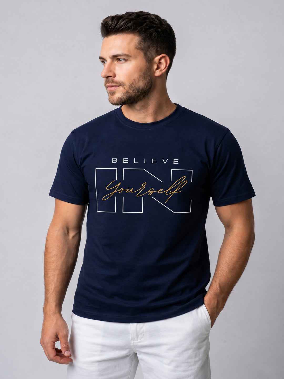 Attire Hub Mens Pure Cotton Navy Believe In Yourself Printed Round T-Shirt
