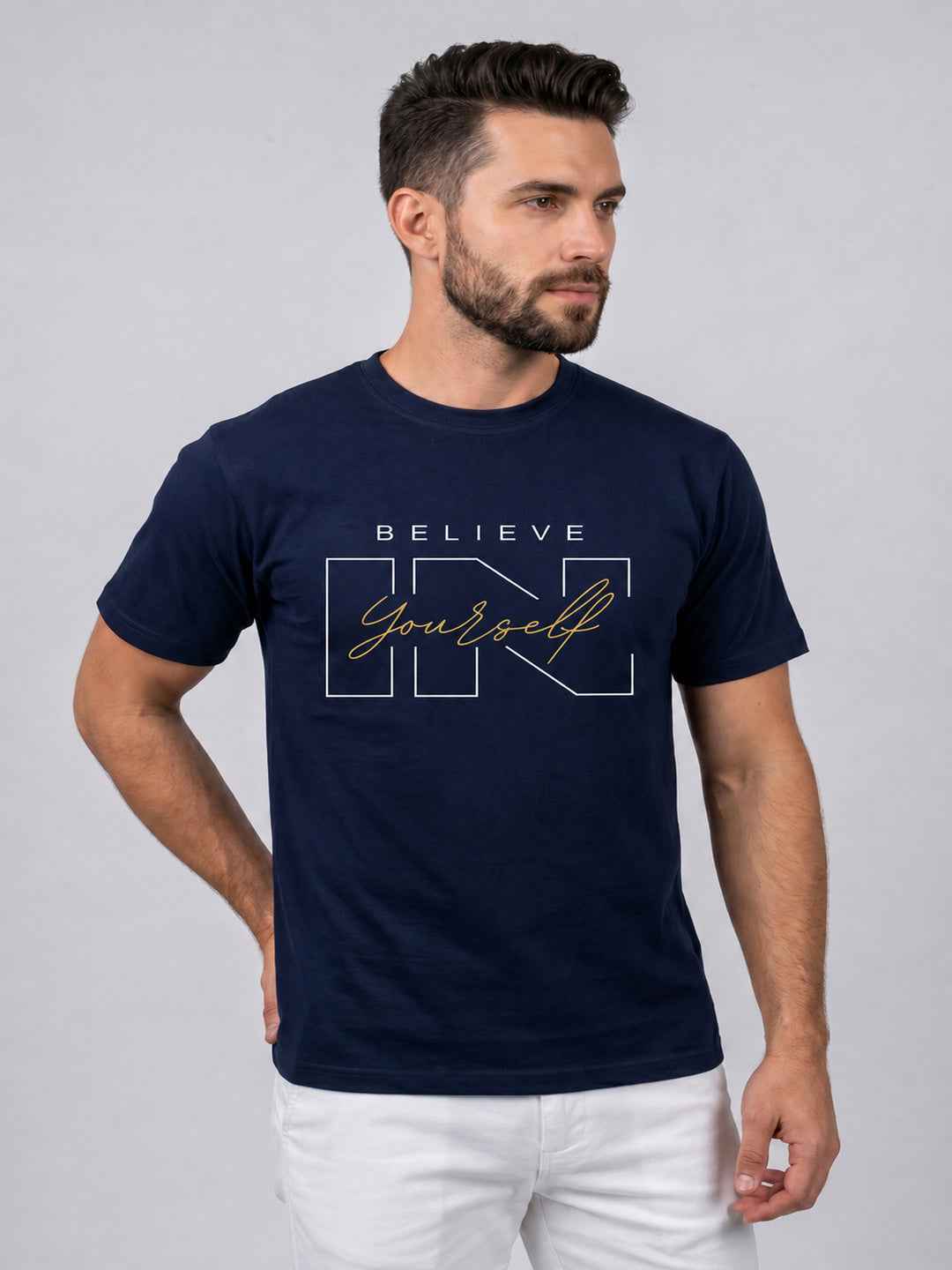 Attire Hub Mens Pure Cotton Navy Believe In Yourself Printed Round T-Shirt