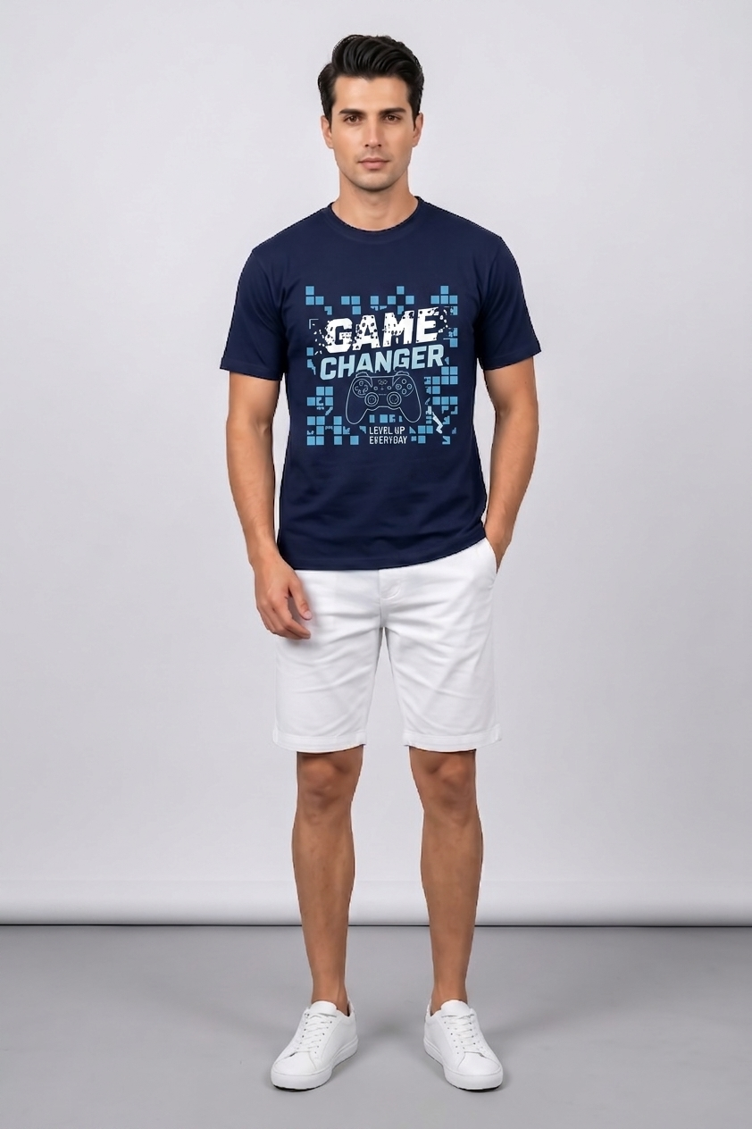 Attire Hub Mens Pure Cotton Navy Game Changer Printed Round T-Shirt