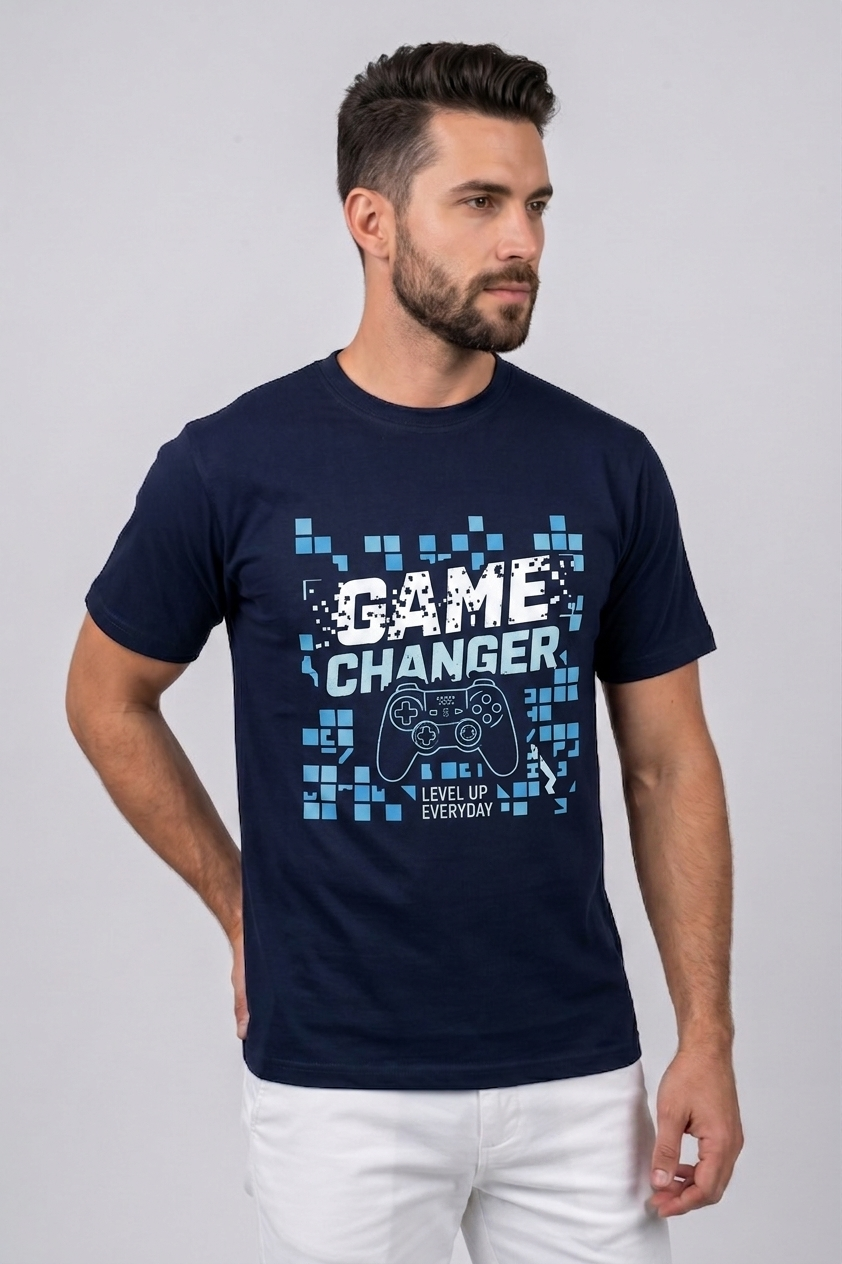 Attire Hub Mens Pure Cotton Navy Game Changer Printed Round T-Shirt